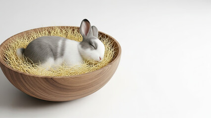 Cute rabbit resting peacefully in a wooden bowl with a minimalist design and bright airy lighting, perfect for Hygge Easter celebrations with copy space