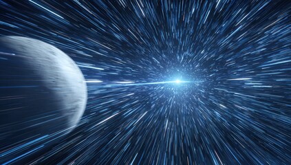 Hyperspace travel view past a gray planet towards a bright blue star
