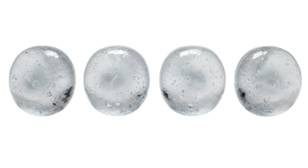 four flawless, transparent ice spheres, perfectly aligned, displaying condensation and rim lighting on a transparent studio background with negative space. concept for beverage advertising