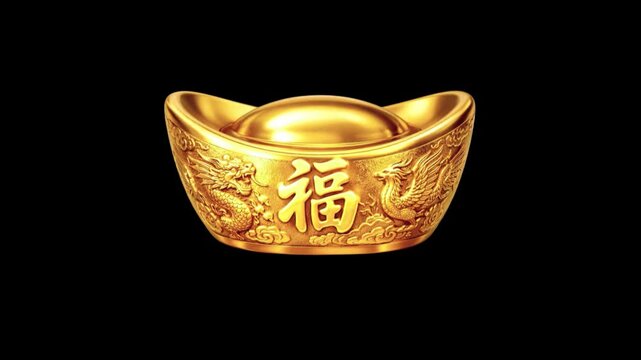 Chinese lucky gold ingot with intricate traditional Chinese designs with  dragons , phoenixes texture  looping animation isolated on white background.