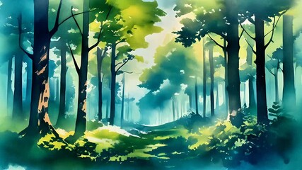 Sunlit green forest path with soft mist and tall trees creating calm morning atmosphere. Seamless looping time-lapse animation video background
