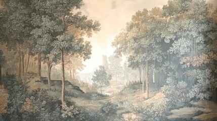 Wall painting depicting a serene landscape with trees. Design for wallpaper, photo wallpaper, frescoes, wall painting and other works.