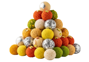 colorful sugar coated truffles pyramid on white background