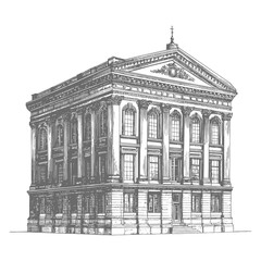 A detailed grayscale drawing of a neoclassical building