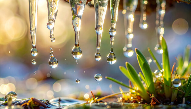 Close-up of melting icicles dripping water onto vibrant green grass and pine needles in a bright sunlit forest during early spring thaw