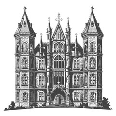 Gothic Architecture Three Towered Building Illustration
