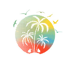 Naklejka premium Abstract palm tree in a circle at sunset. Circle icon with tropical landscape. Paradise island. hand drawn. Not AI, Vector illustration