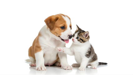 Sweet puppy and tiny kitten playfully interacting, touching faces in an innocent moment of friendship.