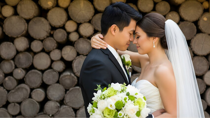 A loving bride and groom embrace tenderly against a rustic log background.