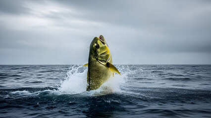 A vibrant yellow-green fish dramatically leaps from the dark ocean water, creating a powerful splash under a cloudy sky.