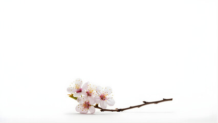 Delicate pink and white cherry blossoms on a slender branch against a pristine white background.