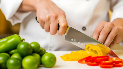 A chef's hands precisely slicing colorful bell peppers and limes on a white cutting board for meal preparation.