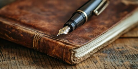 Naklejka premium Vintage Black Fountain Pen on Open Leather Bound Book Rustic Wood Desk