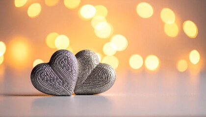 Two textured metallic heart-shaped placed side by side on a smooth surface. The background features a warm bokeh effect with glowing lights, creating a romantic and dreamy ambiance. Valentine's day.