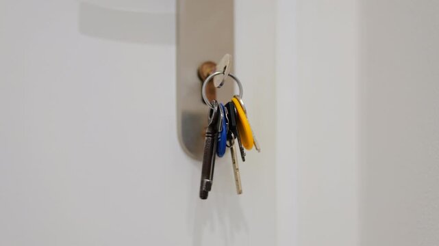 Close-up video shows keys hanging on a hook.  Focus shifts slightly.  Final shot maintains the view.  Suitable for security, home, or lifestyle concepts