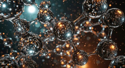 Close up of a complex abstract molecular model with bright glowing particles on a dark background.
