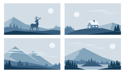 Minimalistic winter landscapes in Nordic style. Vector illustrations of abstract nature in blue colors