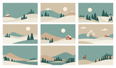 Set of minimalistic winter mountains landscape. Vector abstract nature in Scandinavian style