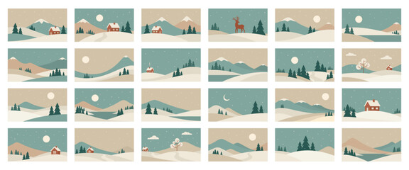 Minimalistic winter landscape set in Scandinavian style. Vector illustrations of abstract nature