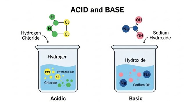 Chemical illustration showing acidic and basic solutions in beakers with molecular structures.