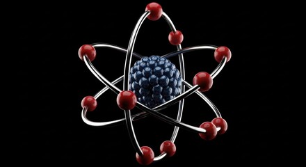 3D render of an atomic model with a central nucleus and orbiting electrons against a black background.