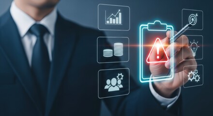 Businessman points at a digital screen showing risk assessment data with a warning icon.