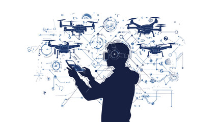 Man Controlling Drones with Virtual Reality Headset.