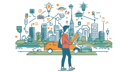 Man using smartphone with city network.