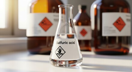 Clear sulfuric acid in a laboratory flask with amber glass bottles in the background.