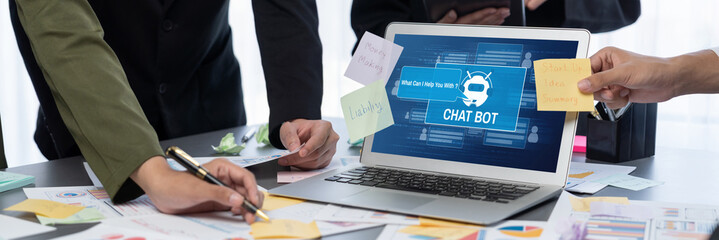 Analyst team use sticky note for creative and analytic brainstorm for business idea with BI data dashboard on laptop screen. Analysis financial data visualization tech for marketing strategy. Prodigy