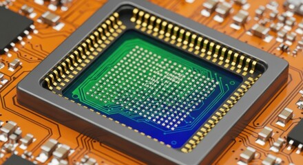 Detailed macro view of a central processing unit on an orange circuit board with golden pins and a vibrant green and blue silicon surface.