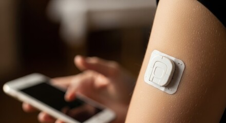 Close up of a person's arm with a continuous glucose monitor attached and a smartphone in hand.