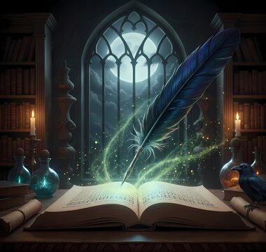 Vintage fantasy open book with old handwritten script, inkwell, and raven quill on a rustic wooden desk, cinematic dark atmosphere.