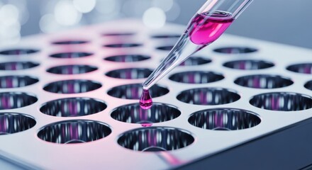 Close up of a pink liquid being dispensed from a pipette into a research well plate.