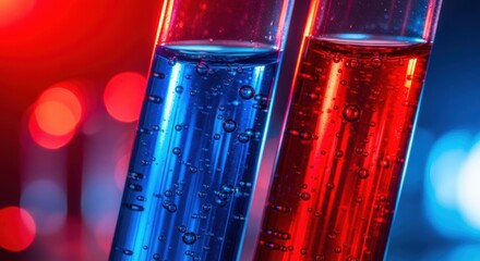 Two test tubes containing blue and red liquids with bubbles illuminated by laboratory lighting.