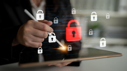 Digital security concept illustrating a cybersecurity breach, with a red unlocked padlock indicating data exposure among secure systems, emphasizing system vulnerability and risk Latch