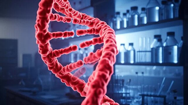 Genetic Helix: A captivating depiction of a vibrant red DNA helix set against the backdrop of a modern laboratory, symbolizing the intricate world of genetics and scientific progress.