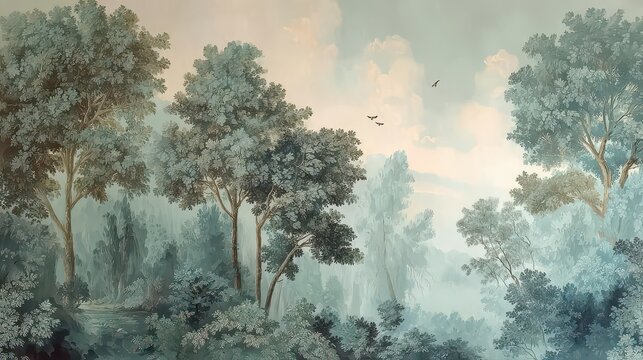 Wallpaper design with a forest theme. Design for wallpaper, photo wallpaper, frescoes, wall painting and other works.