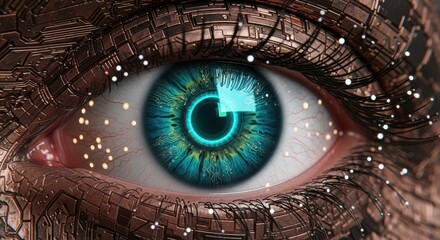 Close up of a cybernetic eye with intricate mechanical details and a vibrant glowing teal iris.