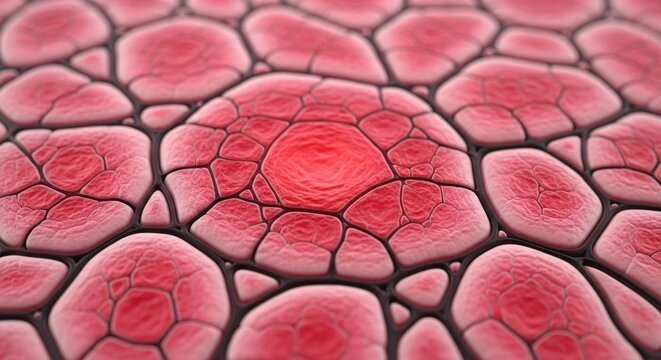 3D macro view of red organic cellular structures with dark borders, representing scientific medical research. - Powered by Adobe