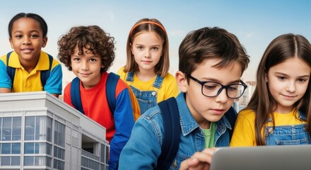 Diverse group of young students learning with technology against a modern architectural backdrop.