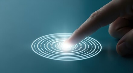 Finger presses glowing digital fingerprint scanner, futuristic biometric security.