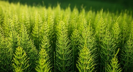 A dense field of green horsetail plants illuminated by sunlight, with visible water droplets on the leaves.
