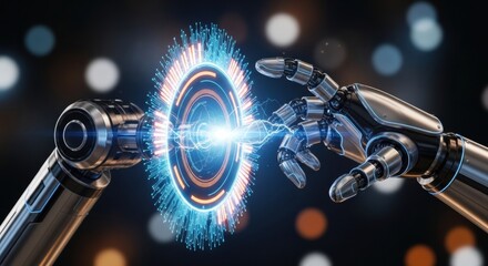 Close up of robot hands interacting with a bright blue and orange digital energy interface.