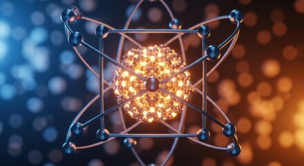 Abstract glowing atom model with orbiting electrons and bright nucleus in a sci fi setting.