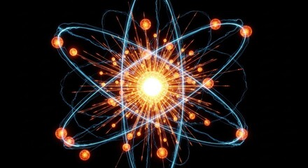 Abstract glowing atomic model with bright orange nucleus and blue orbiting electrons on black background.