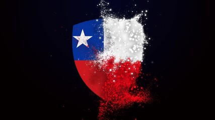 Animated Chile Flag with a shield shape formed by flowing particles, symbolizing global digital connectivity and data networks.