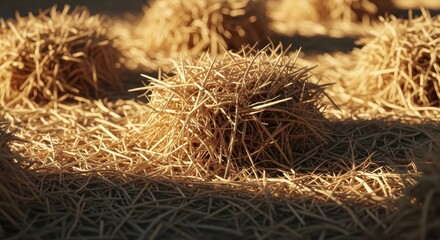 Close-up of dry, golden tumbleweeds in a sunlit field, casting shadows.