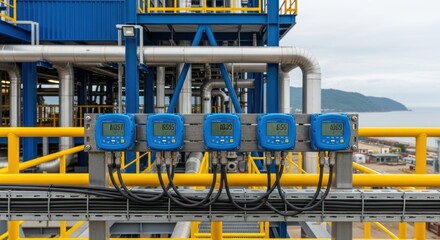 Close up of industrial plant equipment with five digital gauges and pipes