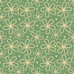Raster seamless pattern with linear outlines of flowers on a green background